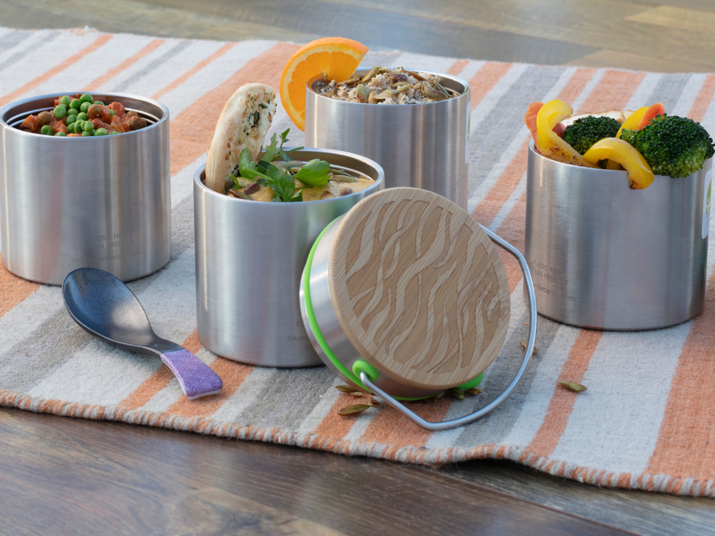 Plastic-Free Blue Water Bento Insulated Canisters filled with healthy snacks on a blanket.