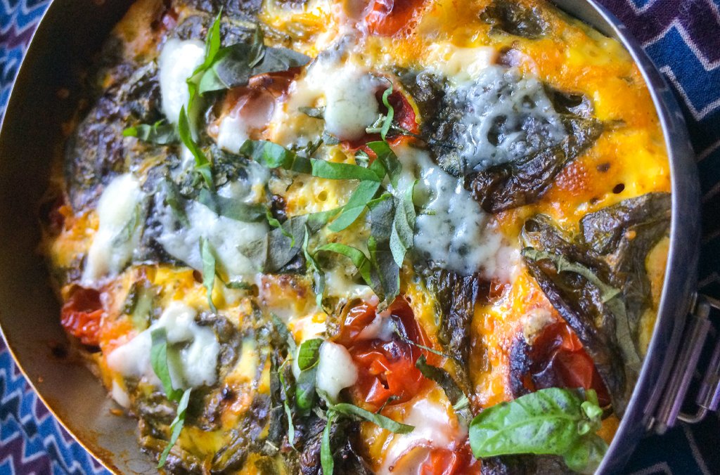 Veggie Frittata with Sweet Onions, Tomatoes, Pesto, Spinach and Parmes