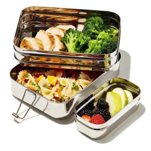 Ecozoi Leak Proof Extra Long Steel 3 Compartment Eco Lunch Box , silver