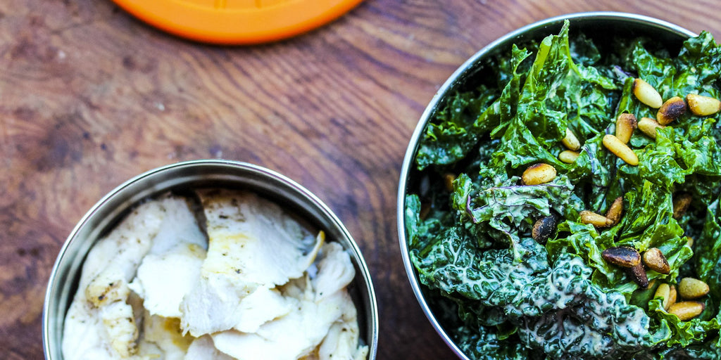 Healthy Lemony Kale Salad Recipe in Plastic-Free Blue Water Bento Seal Cup Large by ECOlunchbox