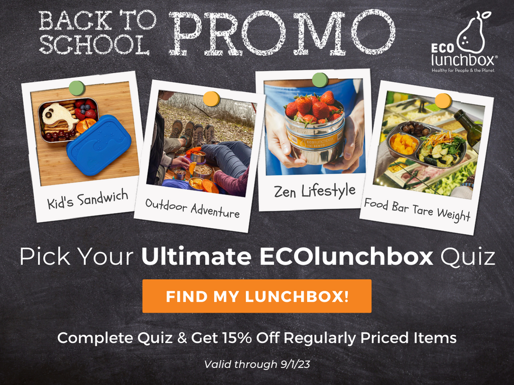 Reusable stainless steel food containers in front of chalkboard reading Ultimate ECOlunchbox Guide