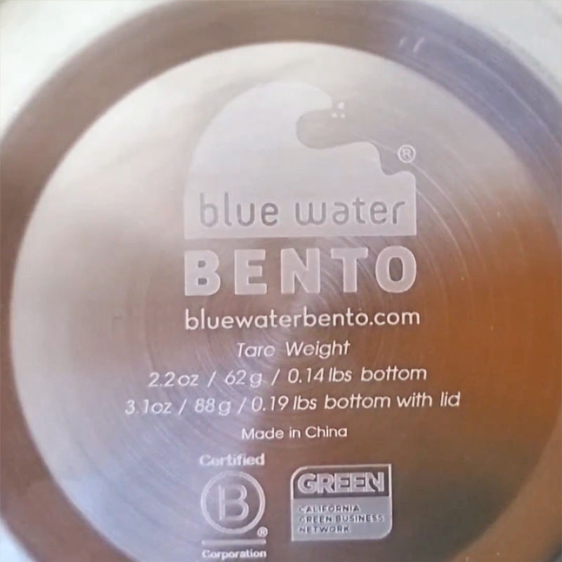 blue water bento steel container with tare weight etched on botton